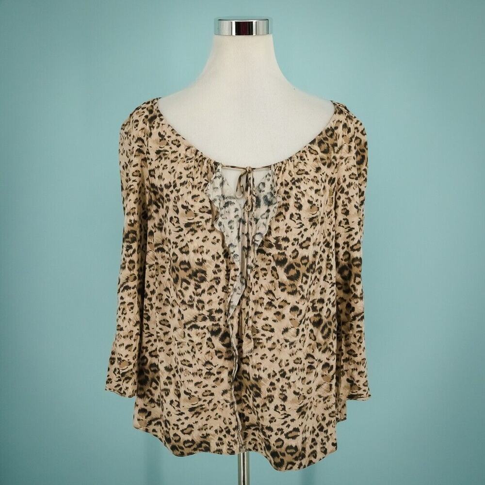 Rebecca Taylor Size 8 Leopard Cheetah Animal Print Tie Ruffle 3/4 Sleeve Top